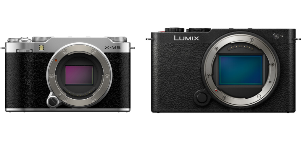 Front view comparison of the Fuji X-M5 and the Lumix S9 (images are not to scale)