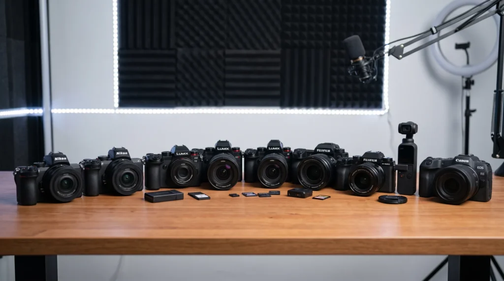 Nine cameras used and owned by GZ Reviews — Z50II, ZR, S9, S5II, G9II, X-H2S, X-S20, Osmo Pocket 3, R8